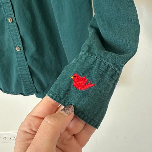 VTG 90s Embroidered Birds Button Up Shirt Birdhouse Green S Cottage Whimsical - Picture 4 of 9